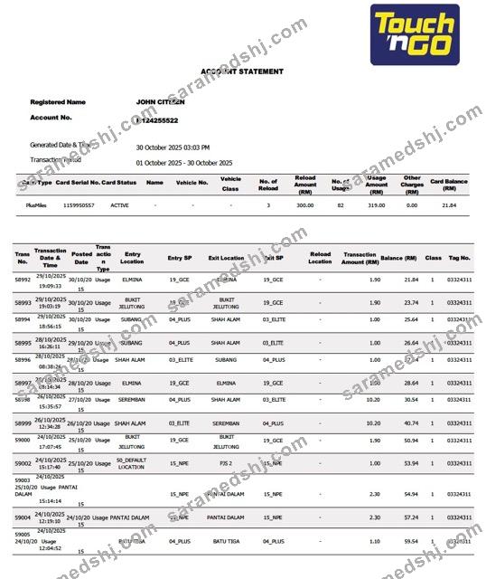 Malaysia Touch'n Go account statement Word and PDF template